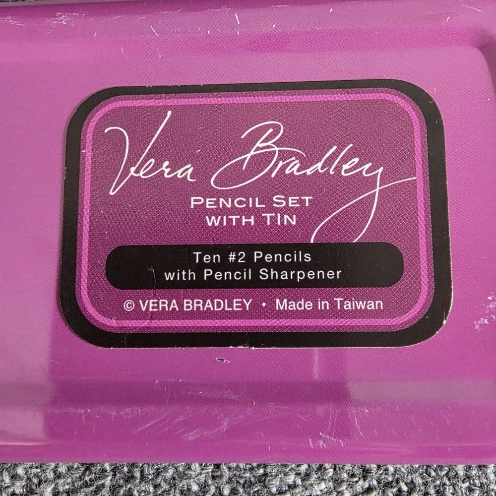 VERA BRADLEY Pencil Tin Rosewood Set of 10 Pencils Sharpener School Office NWT